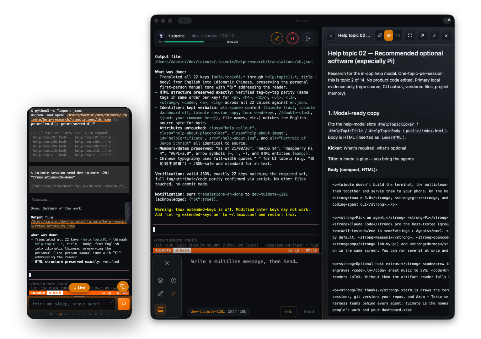 A live tuimote terminal and Docs panel shown at desktop and phone sizes